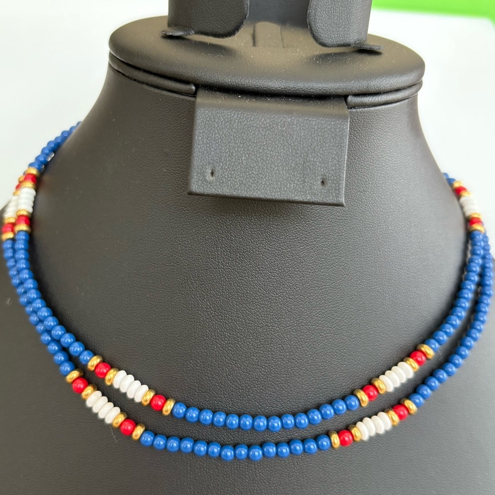34" Monet American patriotic red white blue gold long beaded necklace